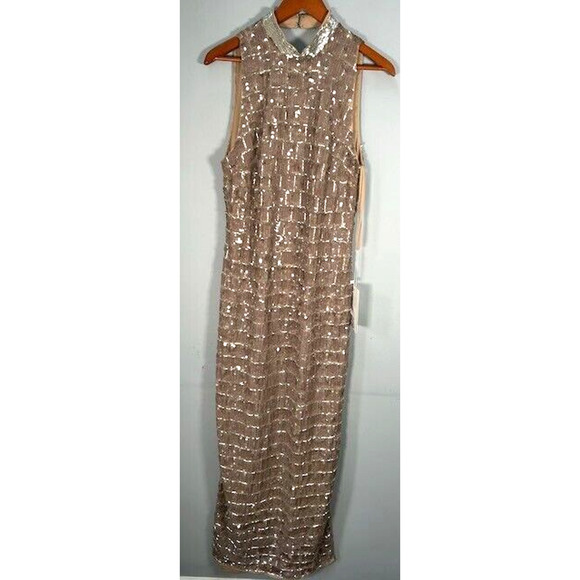 NWT Mac Duggal High Neck Column Gown Maxi Dress Sleeveless Sequined Taupe Size 8 - Picture 4 of 11